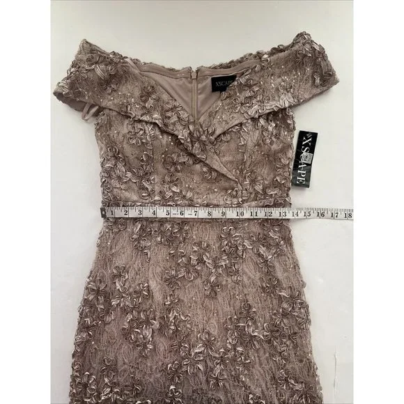 Xscape Womens Sz 4 Taupe Off the Shoulder Embroidered Lace Long Gown Dress - Picture 10 of 14